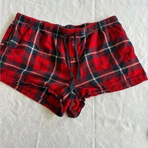 Stars Above Red Plaid Women's pajama shorts featuring blue and red